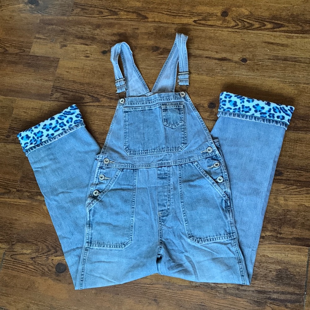 Old Navy Kids' Denim Overalls with Blue Leopard Print Trim - Size 12